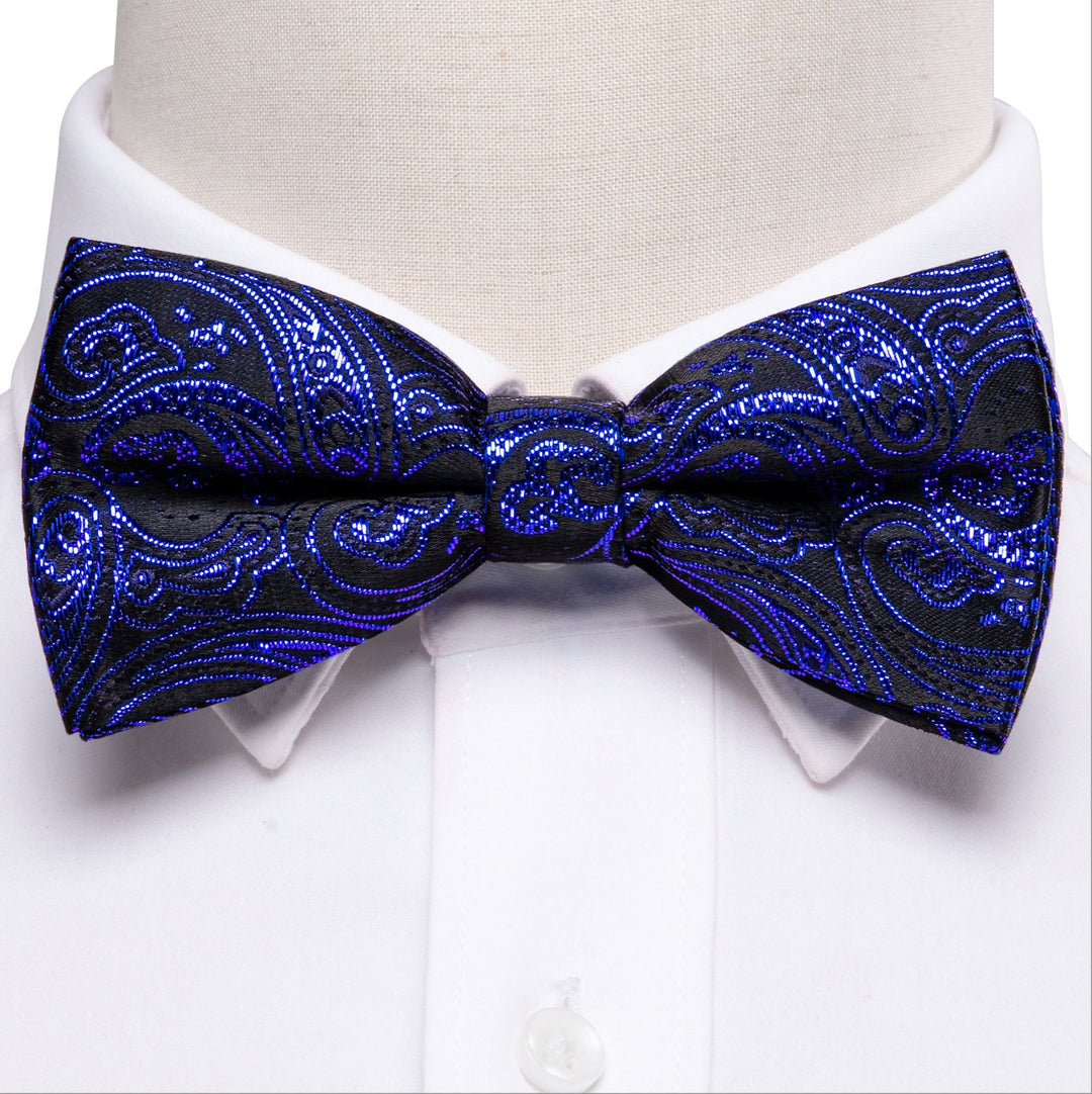 Shining Royal Blue Black Paisley Pre - Tied Bowtie Pocket Square Cufflinks Set - LH - 0908 - SimonVon Shop