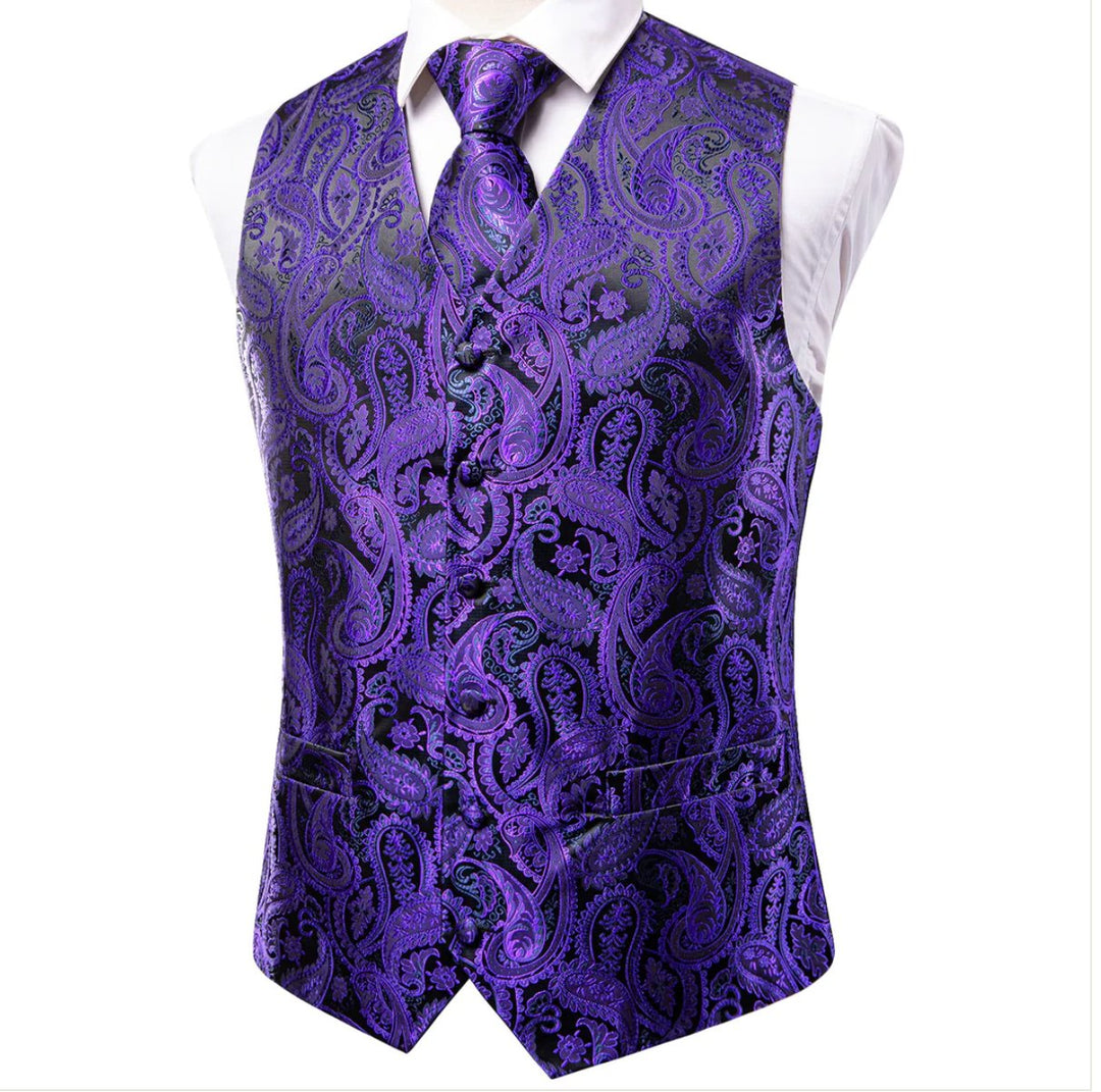 Shiny Purple Black Paisley Silk Men's Vest Hanky Cufflinks Tie Set Waistcoat Set - MJ - 3007 - SimonVon Shop