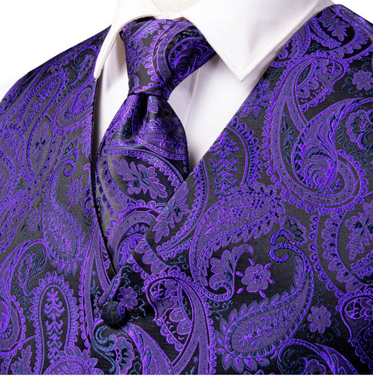 Shiny Purple Black Paisley Silk Men's Vest Hanky Cufflinks Tie Set Waistcoat Set - MJ - 3007 - SimonVon Shop