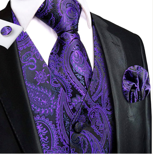 Shiny Purple Black Paisley Silk Men's Vest Hanky Cufflinks Tie Set Waistcoat Set - MJ - 3007 - SimonVon Shop