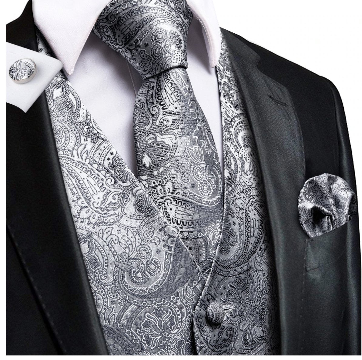 Silver Grey Paisley Silk Men's Vest Hanky Cufflinks Tie Set Waistcoat Set-MJ-2063 - SimonVon Shop