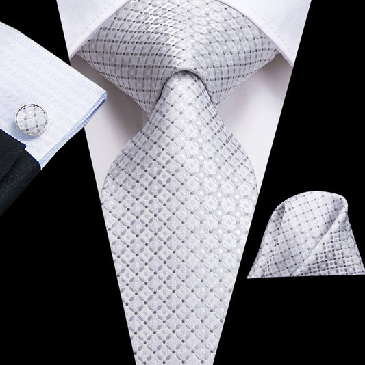 Silver White Plaid Silk Men's Tie Pocket Square Cufflinks Set - N - 3115 - SimonVon Shop