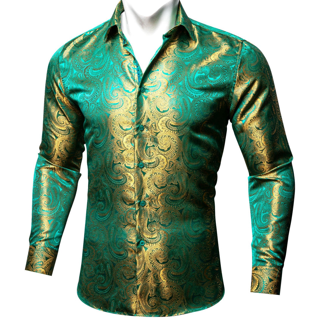 Simon Von Button Down Shirt Green Gold Paisley Silk Men's Shirt - CY - 0604 - SimonVon Shop
