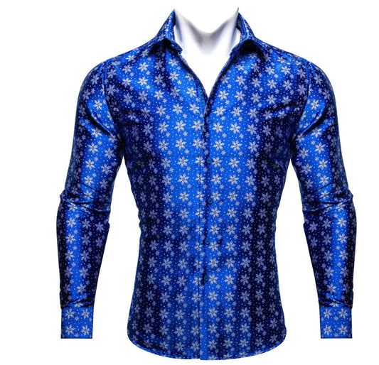 Simon Von Christmas Blue White Snowflake Floral Silk Slim Fit Shirt - CY - 0510 - SimonVon Shop