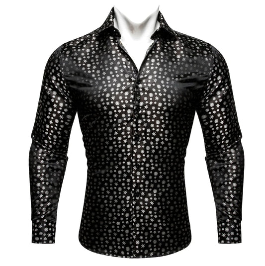 Simon Von Christmas Element Black White Floral Silk Shirt - CY - 0509 - SimonVon Shop