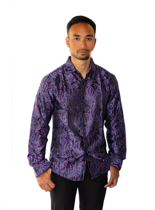 Simon Von Classic Purple Black Paisley Silk Men's Shirt - CY - 1039 - SimonVon Shop