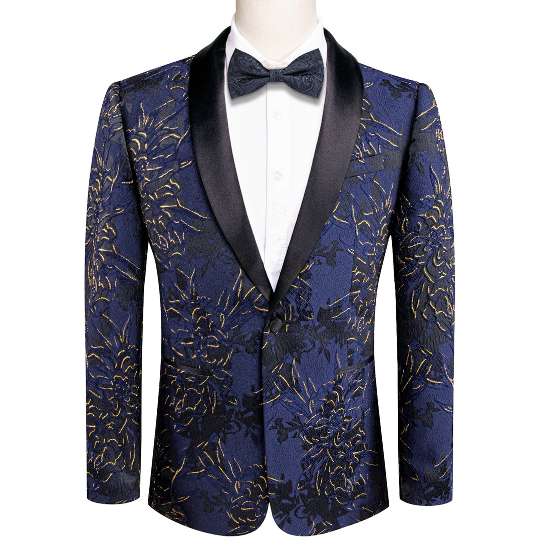 Simon Von Dress Party Blue Gold Suit Jacket Slim One Button Stylish Blazer - XX - 1021 - SimonVon Shop