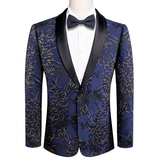Simon Von Dress Party Blue Gold Suit Jacket Slim One Button Stylish Blazer - XX - 1021 - SimonVon Shop