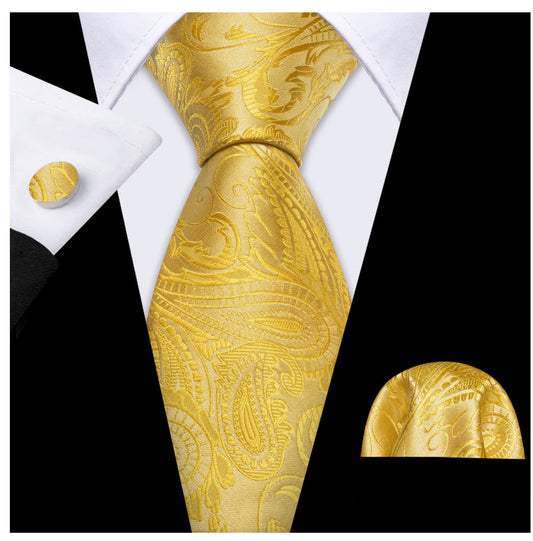 Simon Von Gold Tie Paisley Silk Mens Tie Pocket Square Cufflinks Set - N - 5220 - SimonVon Shop