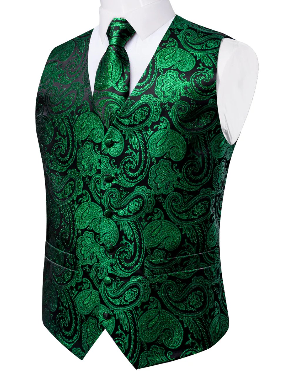 Simon Von Green Paisley Jacquard Silk Waistcoat Vest Handkerchief Cufflinks Tie Set - MJ0149 - SimonVon Shop