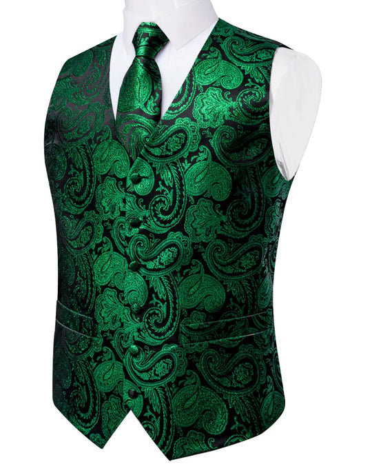 Simon Von Green Paisley Jacquard Silk Waistcoat Vest Handkerchief Cufflinks Tie Set - MJ0149 - SimonVon Shop