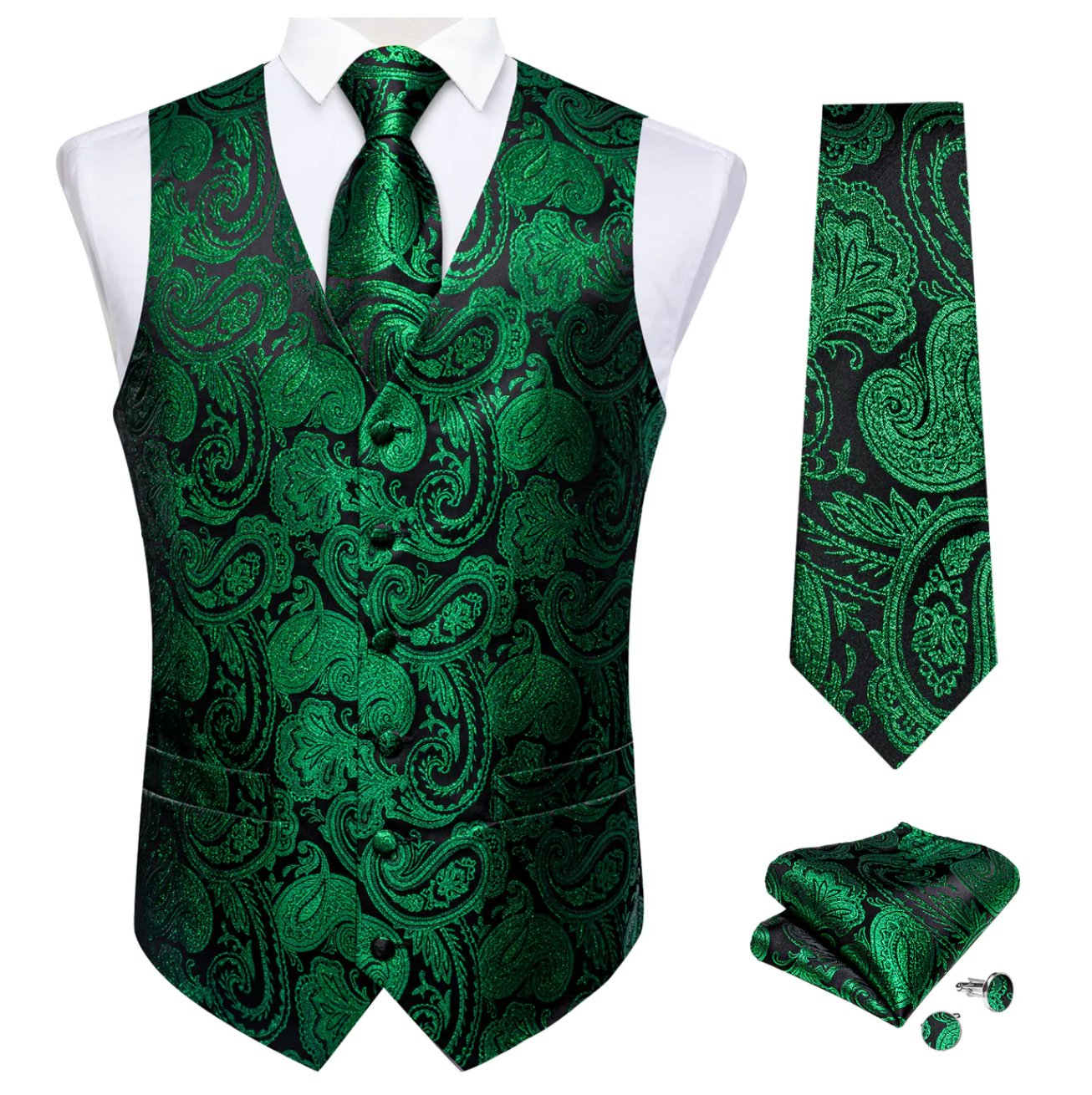 Simon Von Green Paisley Jacquard Silk Waistcoat Vest Handkerchief Cufflinks Tie Set - MJ0149 - SimonVon Shop