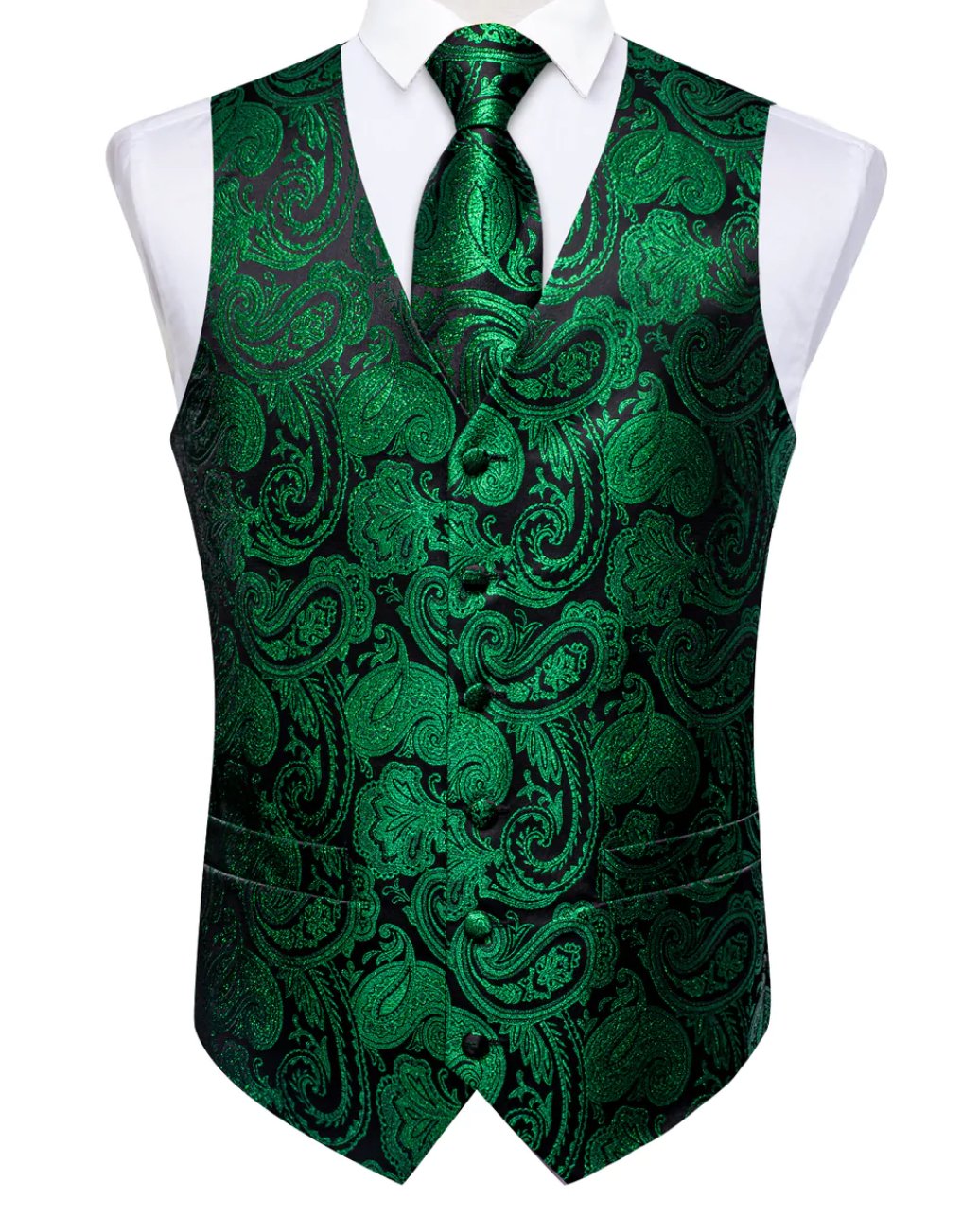 Simon Von Green Paisley Jacquard Silk Waistcoat Vest Handkerchief Cufflinks Tie Set - MJ0149 - SimonVon Shop