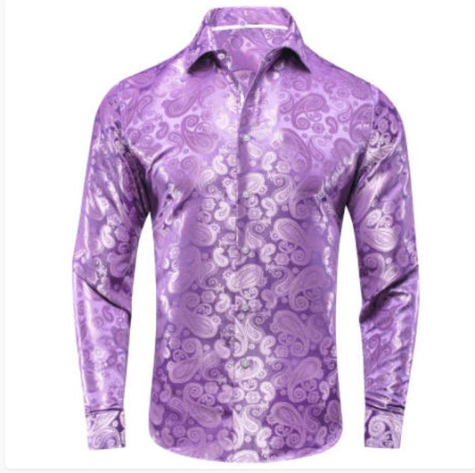 Simon Von Lilac Purple Paisley Silk Men's Long Sleeve Shirt - CY - 1621 - SimonVon Shop