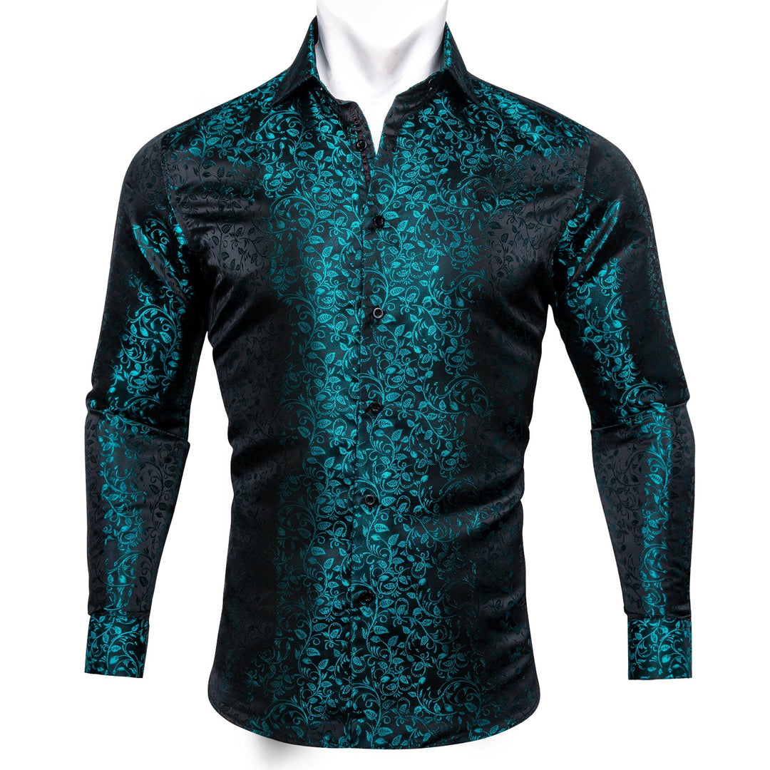 Simon Von Long Sleeve Shirt Dark Green Jacquard Floral Silk Shirt for Men - CY - 0659 - SimonVon Shop