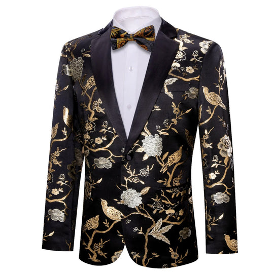 Simon Von Men's Black Gold Floral Suit Jacket Slim One Button Stylish Blazer - XX0014 - SimonVon Shop