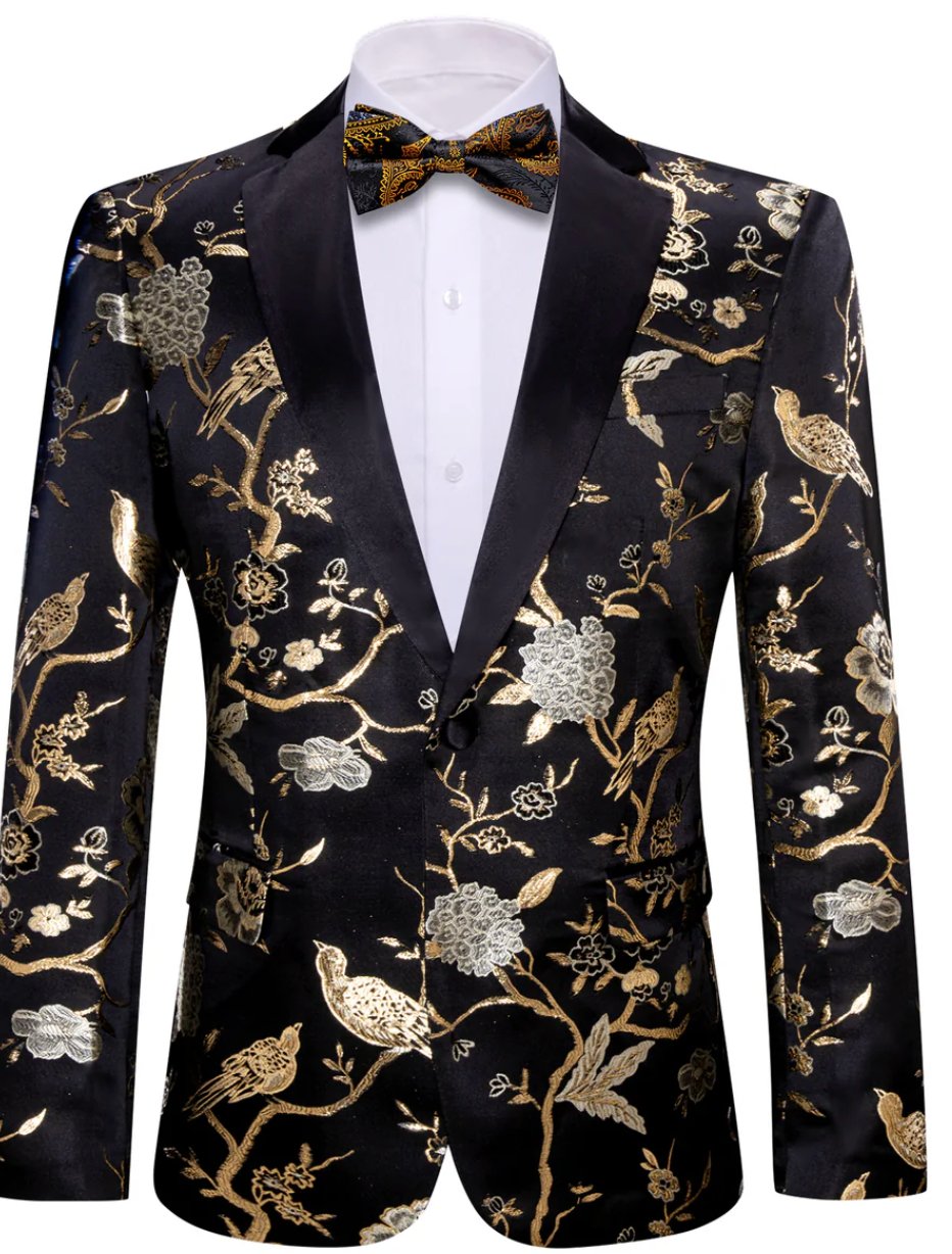 Simon Von Men's Black Gold Floral Suit Jacket Slim One Button Stylish Blazer - XX0014 - SimonVon Shop