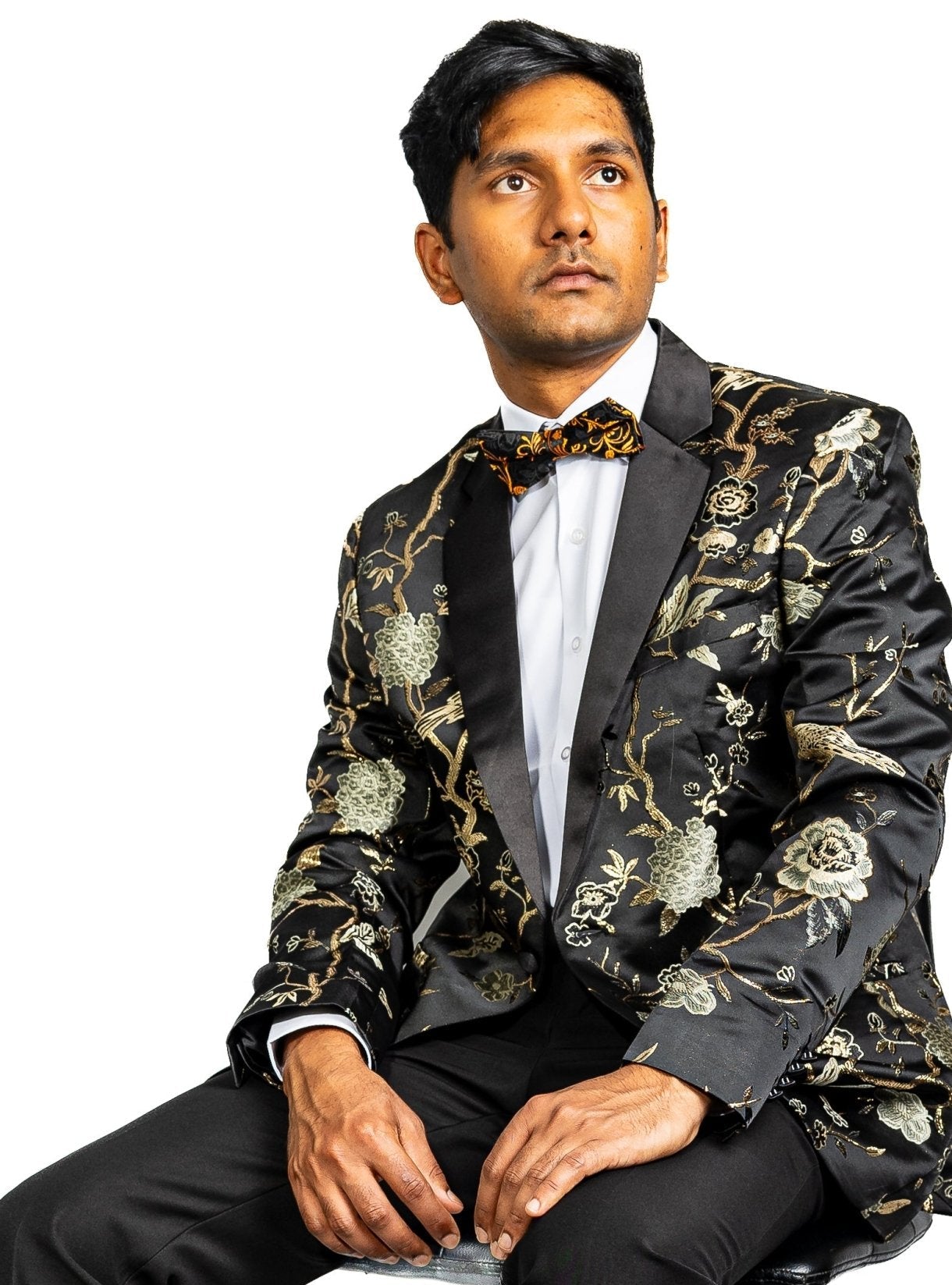 Simon Von Men's Black Gold Floral Suit Jacket Slim One Button Stylish Blazer - XX0014 - SimonVon Shop