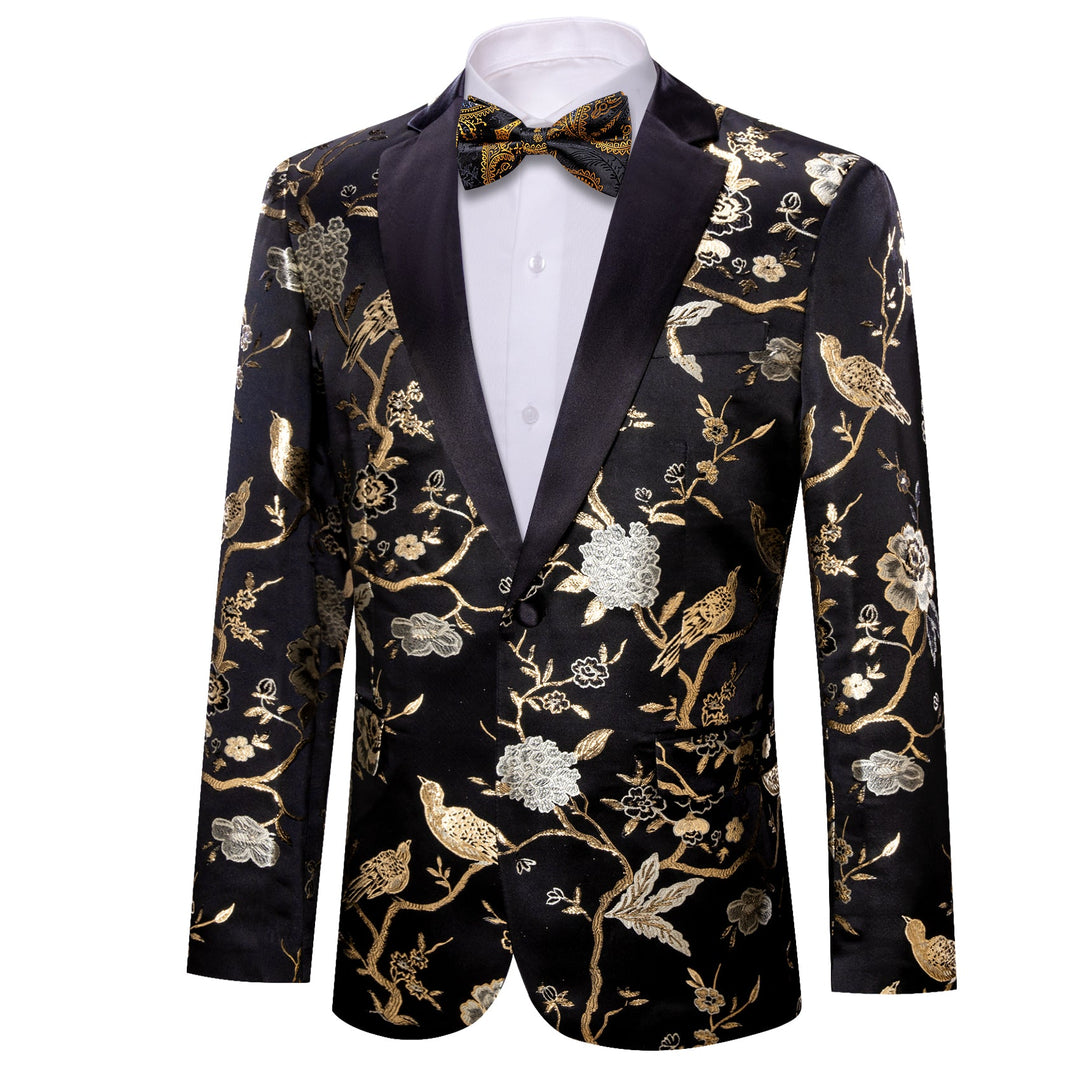 Simon Von Men's Dress Party Black Gold Floral Suit Jacket Slim One Button Stylish Blazer - XX - 0014 - SimonVon Shop