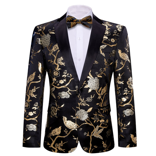 Simon Von Men's Dress Party Black Gold Floral Suit Jacket Slim One Button Stylish Blazer - XX - 0014 - SimonVon Shop