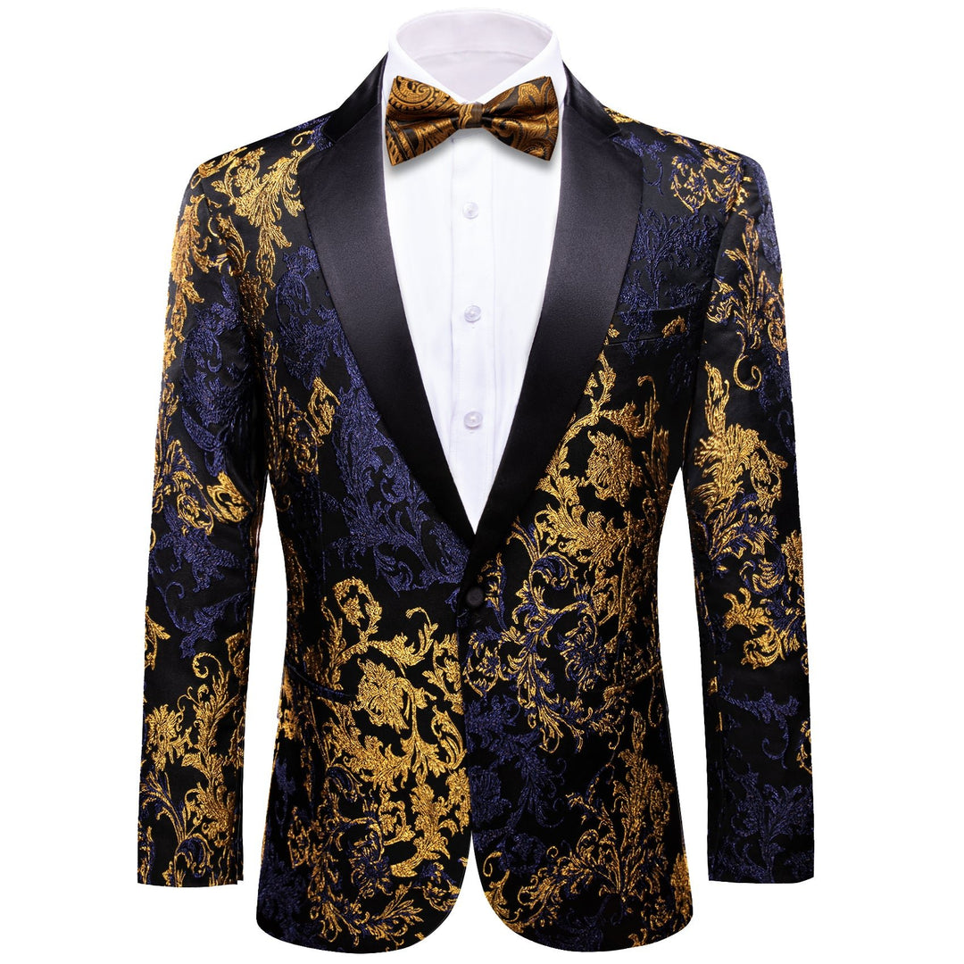 Simon Von Men's Dress Party Blue Gold Paisley Suit Jacket Slim One Button Stylish Blazer - XX - 0108 - SimonVon Shop