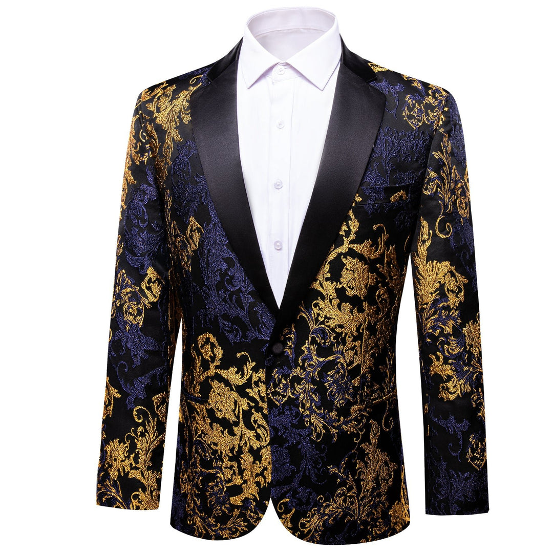 Simon Von Men's Dress Party Blue Gold Paisley Suit Jacket Slim One Button Stylish Blazer - XX - 0108 - SimonVon Shop