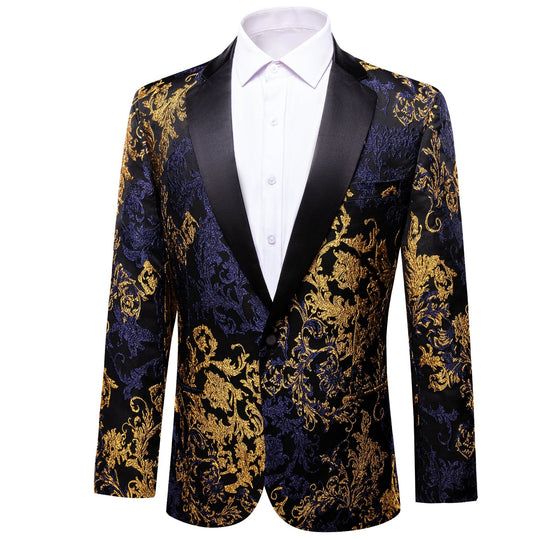 Simon Von Men's Dress Party Blue Gold Paisley Suit Jacket Slim One Button Stylish Blazer - XX - 0108 - SimonVon Shop