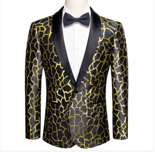 Simon Von Men's Gold Black Paisley Jacquard Blazer Elegant Banquet Wedding Jacket - XX - 1011 - SimonVon Shop