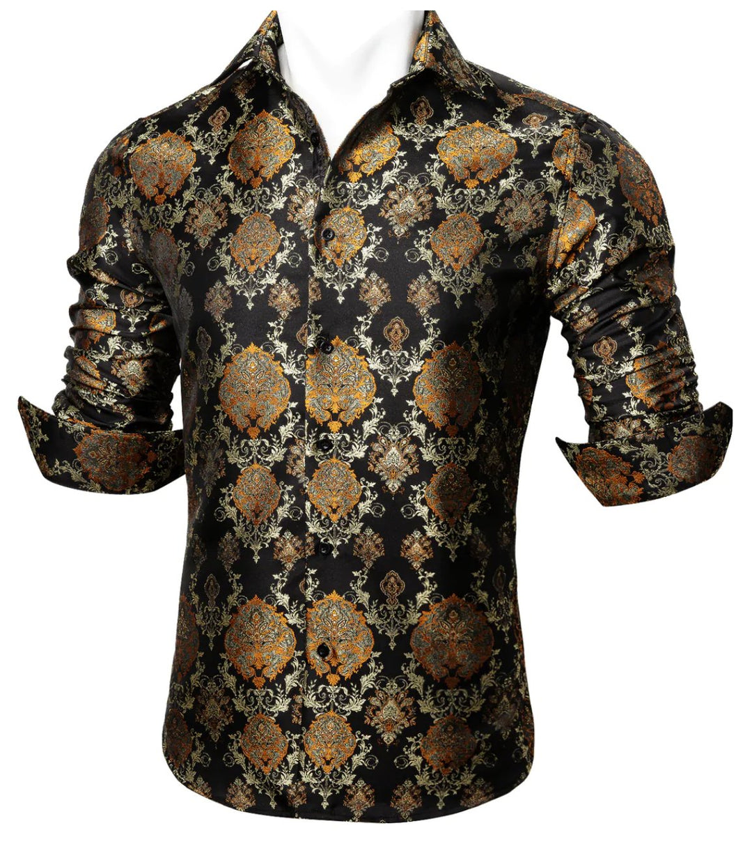 Simon Von Novelty Black Orange Copper Silk Floral Shirt - CY - 0020 - SimonVon Shop