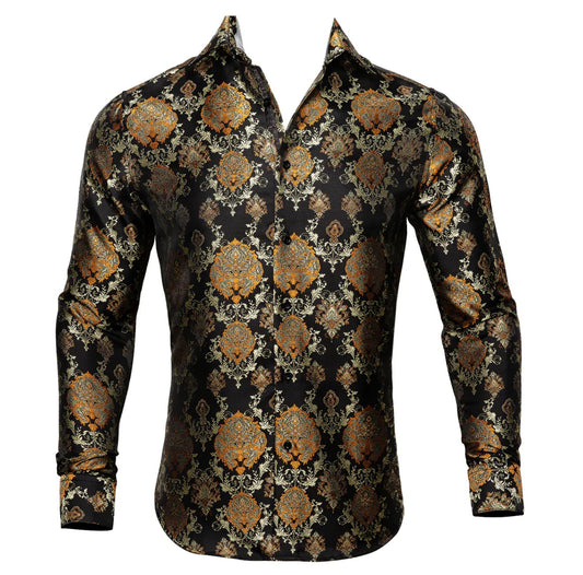 Simon Von Novelty Black Orange Copper Silk Floral Shirt - CY - 0020 - SimonVon Shop