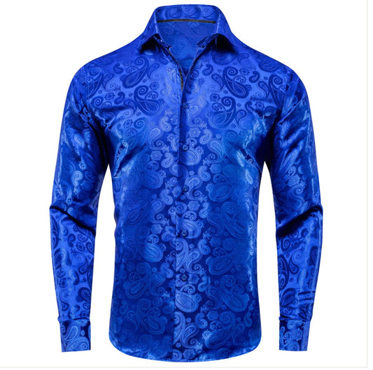 Simon Von Royal Blue Paisley Silk Men's Long Sleeve Shirt - CY - 1618 - SimonVon Shop