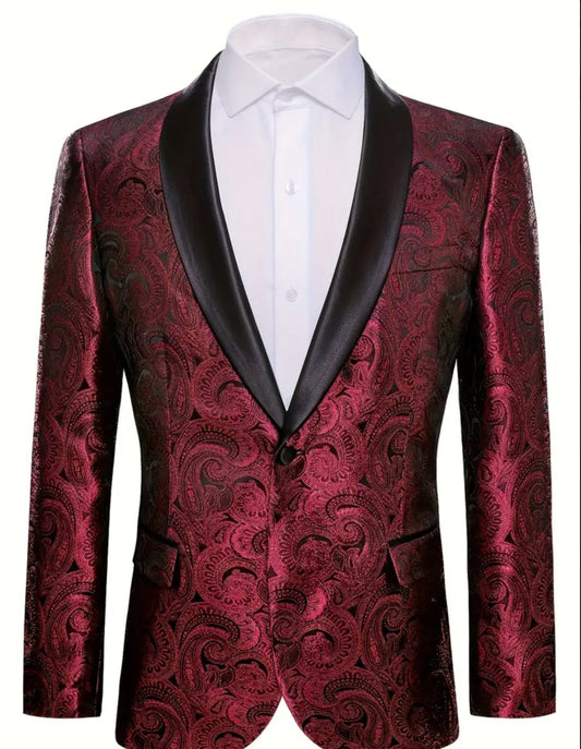 Simon Von Stylish Paisley Print One Button Blazer - Dark Red - GH191446 - SimonVon Shop