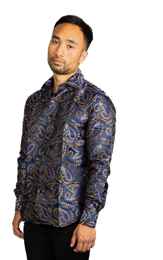 Simon.Von Blue Gold Paisley Silk Men's Shirt - CY - 0461 - SimonVon Shop