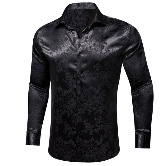 Simon.Von Casual Black Floral Silk Men's Long Sleeve Shirt - CY - 0698 - SimonVon Shop