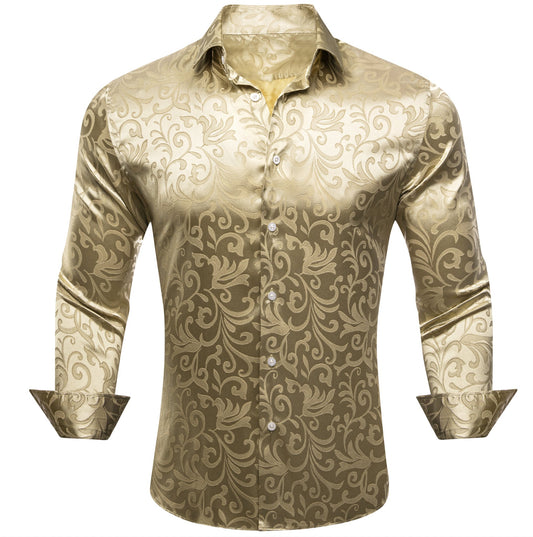 Simon.Von Champagne Gold Paisley Silk Men's Long Sleeve Shirt - CY - 0689 - SimonVon Shop