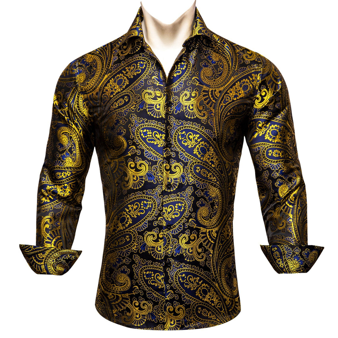 Simon.Von Gold Blue Black Paisley Pattern Silk Men's Formal Shirt - CY - 0444 - SimonVon Shop