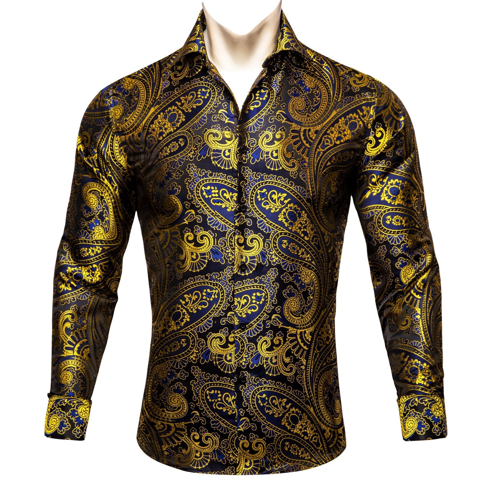 Simon.Von Gold Blue Black Paisley Pattern Silk Men's Formal Shirt - CY - 0444 - SimonVon Shop