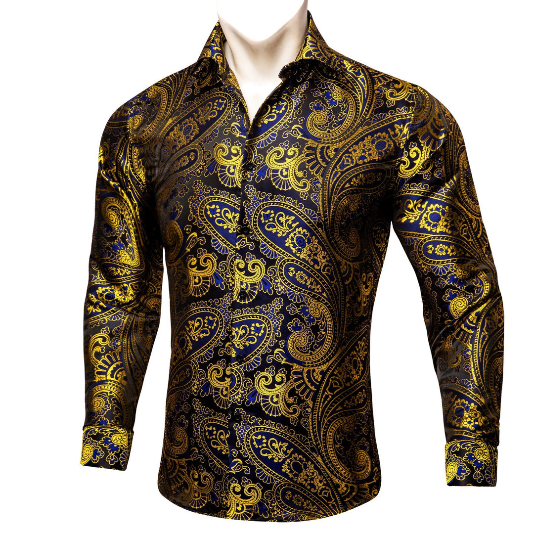 Simon.Von Gold Blue Black Paisley Pattern Silk Men's Formal Shirt - CY - 0444 - SimonVon Shop