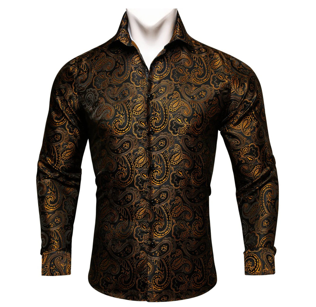 Simon.Von Long Sleeve Shirt Black Golden Paisley Silk Shirt - CY - 0445 - SimonVon Shop
