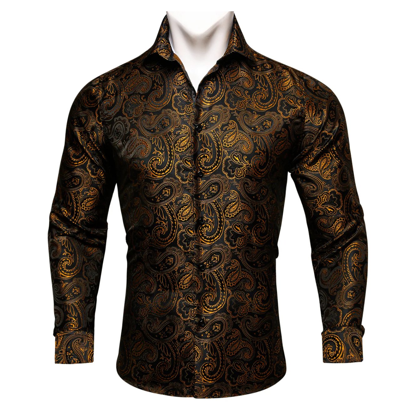 Simon.Von Long Sleeve Shirt Black Golden Paisley Silk Shirt -CY-0445 - SimonVon Shop
