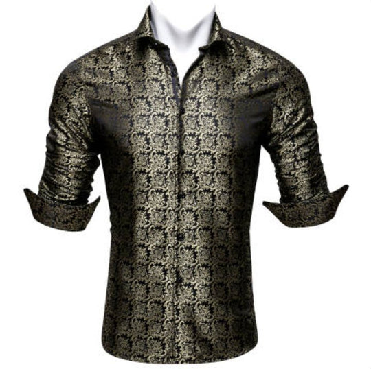 SimonVon New Fashionable Black Golden Silk Floral Long Sleeve Men's Shirt CY - 0065 - SimonVon Shop