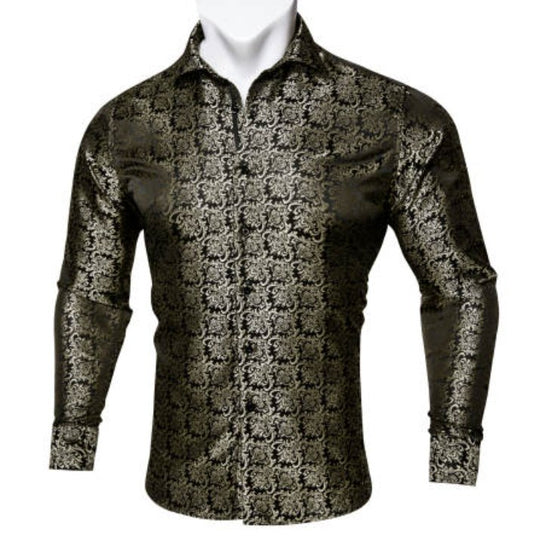 SimonVon New Fashionable Black Golden Silk Floral Long Sleeve Men's Shirt CY - 0065 - SimonVon Shop