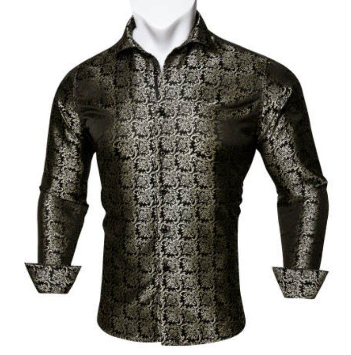 SimonVon New Fashionable Black Golden Silk Floral Long Sleeve Men's Shirt CY - 0065 - SimonVon Shop