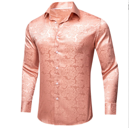 Simon.Von Pale Orange Print Flower Silk Men's Shirt - CY - 0675 - SimonVon Shop