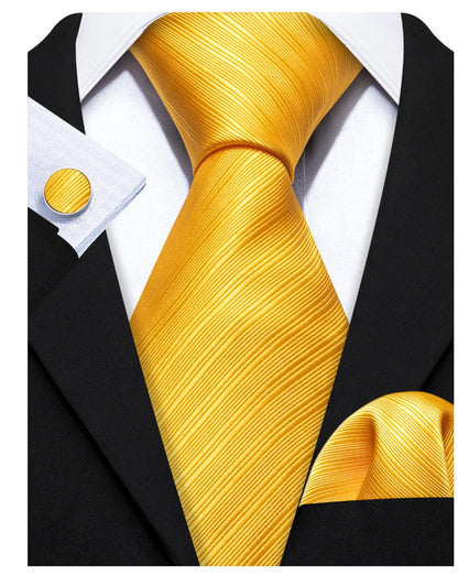 Simon.Von Yellow Tie Striped Silk Tie Hanky Cufflinks Set - N5091 - SimonVon Shop