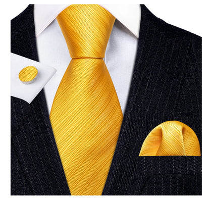 Simon.Von Yellow Tie Striped Silk Tie Hanky Cufflinks Set - N5091 - SimonVon Shop