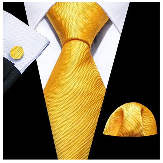 Simon.Von Yellow Tie Striped Silk Tie Hanky Cufflinks Set - N5091 - SimonVon Shop