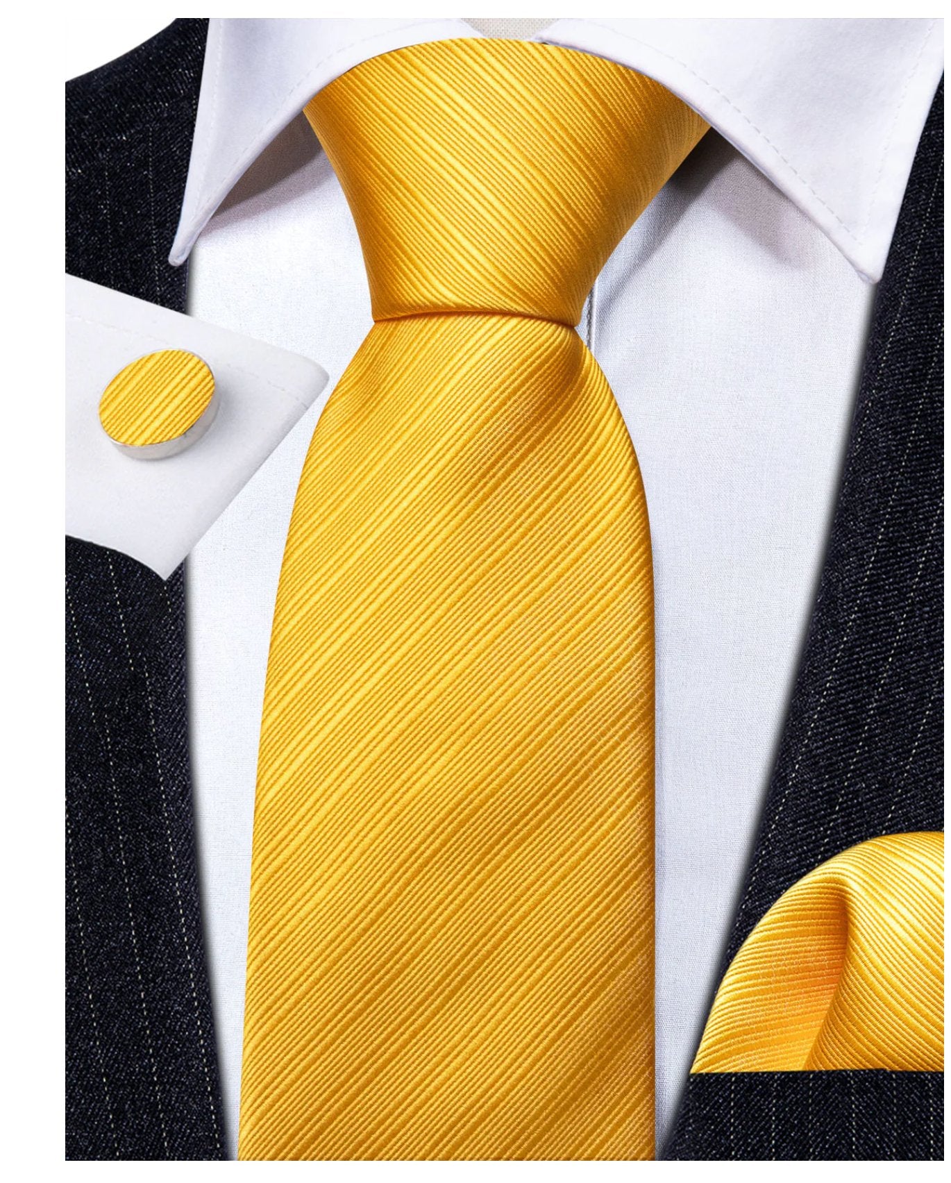 Simon.Von Yellow Tie Striped Silk Tie Hanky Cufflinks Set - N5091 - SimonVon Shop