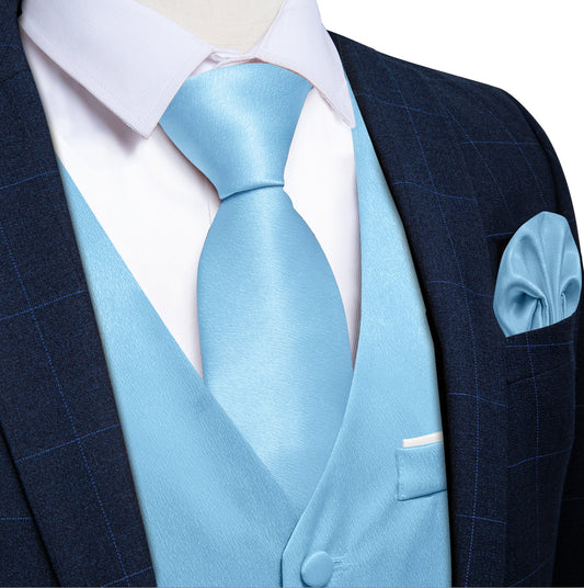 Sky Blue Solid Satin Waistcoat Vest Tie Handkerchief Cufflinks Set - MJ - 0644 - SimonVon Shop