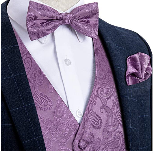 SLIVER PURPLE PAISLEY JACQUARD SILK WAISTCOAT VEST HANDKERCHIEF CUFFLINKS BOW - TIE VEST SET - MJ - 0111 - SimonVon Shop